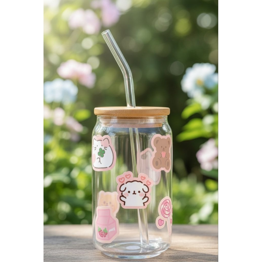 Gelas Jus Kopi Cani Tutup Kayu Cantik Custom Aesthetic Premium anti pecah anti panas