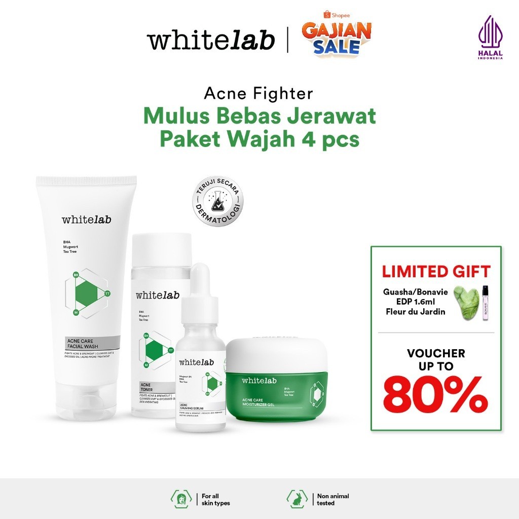 Whitelab 4 pcs Paket Acne - Facial Wash, Toner, Serum, Moisturizer Paket Skincare