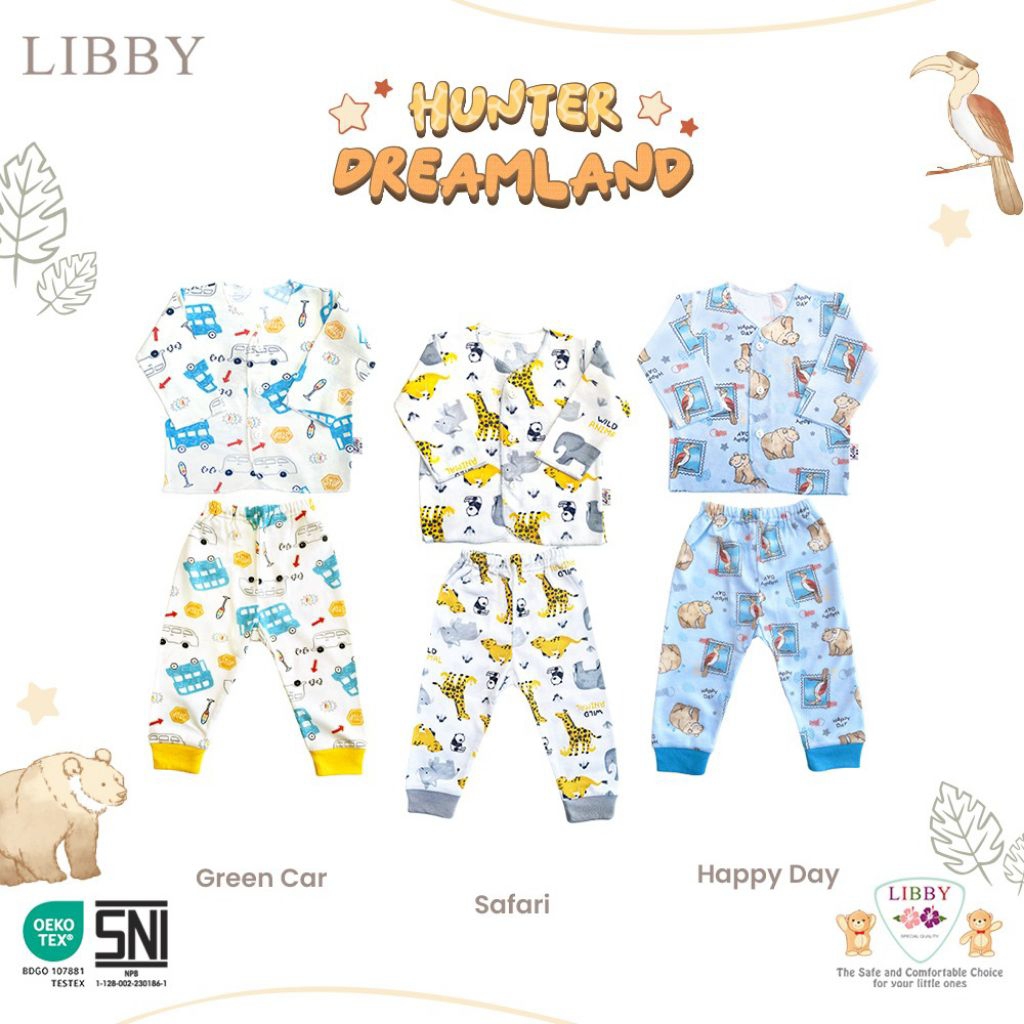 LIBBY Baju Setelan Anak Newborn Lengan Panjang & Celana Panjang Kancing Depan Motif Hunter Dreamland