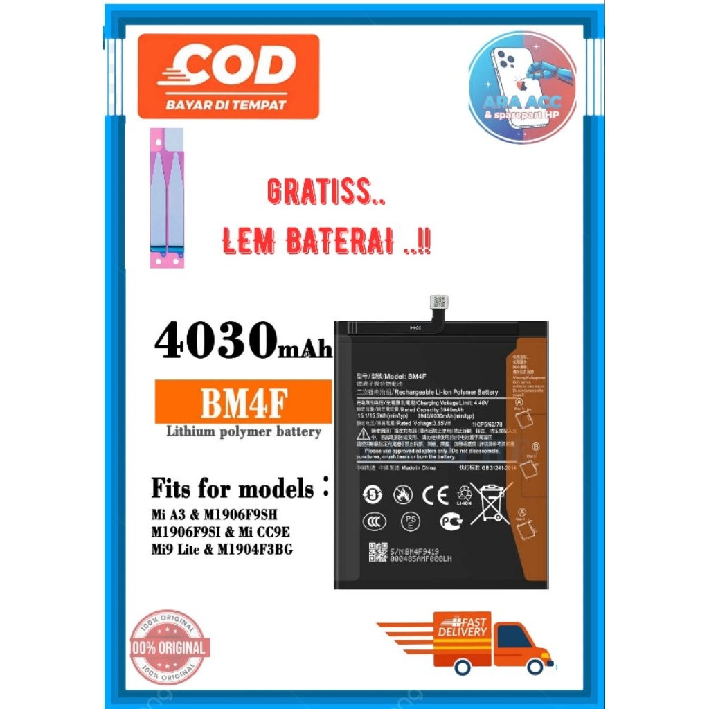[ORIGINAL] BATTERY BATERAI BATRE BM4F Mi A3 / Mi CC9E / Mi 9 Lite BM-4F BM4F