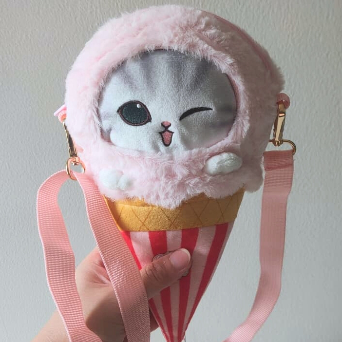 (READY) Miniso x Mofusand Original Plush Crossbody Bag – Tas Selempang Wanita Boneka Kucing Es Krim