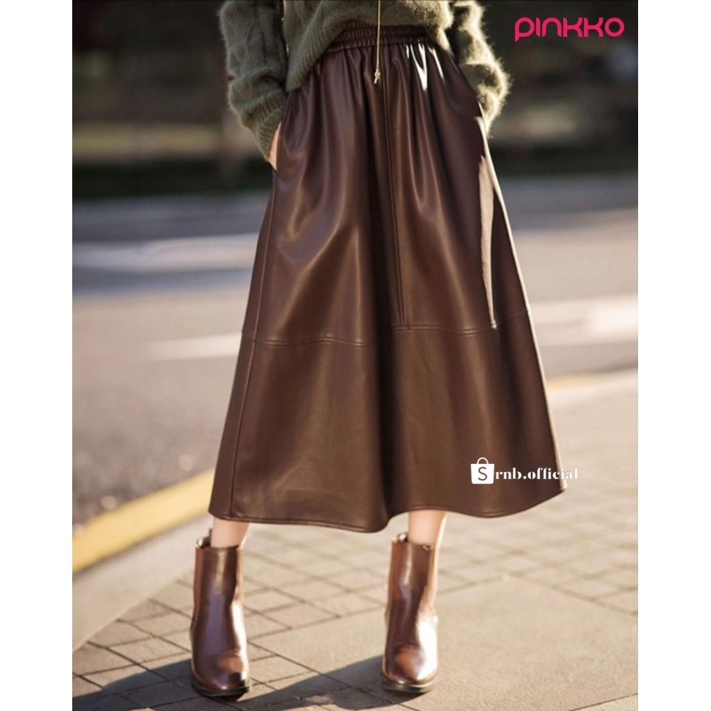 Rok kulit A-Line koreaan remple panjang,rok MIDI wanita