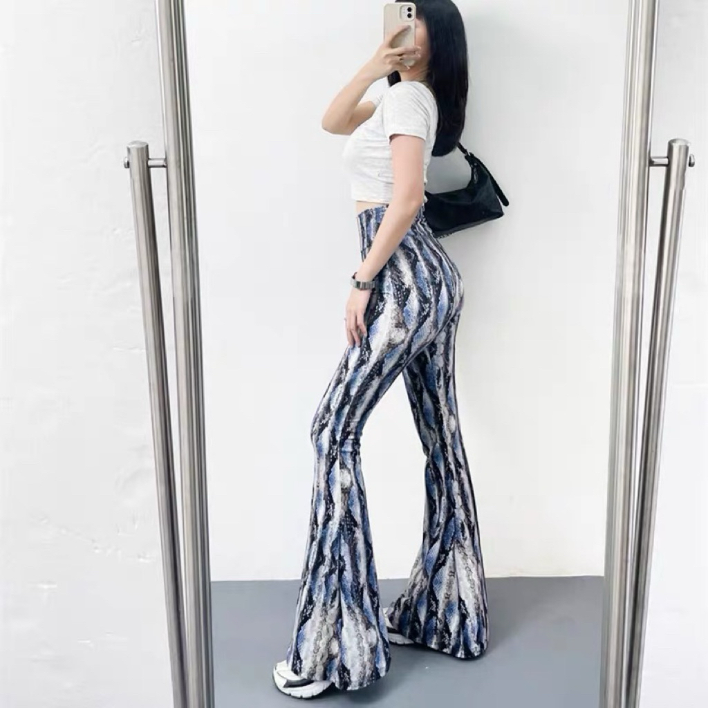 P03 New Elastic High Waist Printed Flare Pants for Women blue color