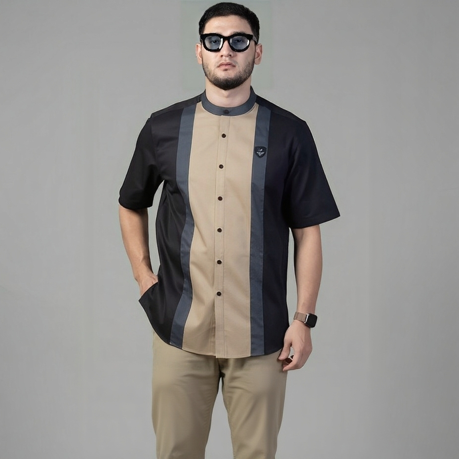 Baju Koko Pria Lengan Pendek Pleats Gradasi | Baju Koko Putih Lengan Pendek