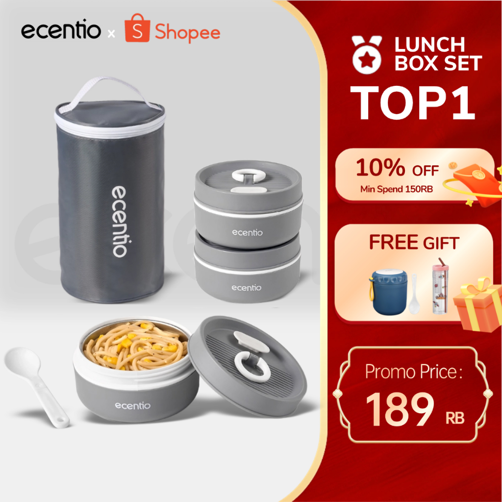 [BUY 1 GET 8] ecentio lunch box tas set 3pcs Kotak Makan anti tumpah 304 Stainless Steel tas bekal