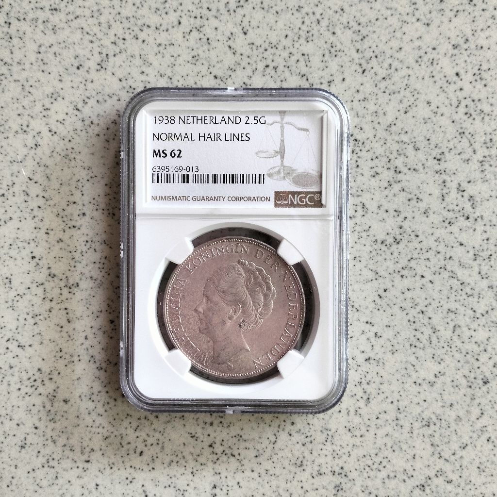 NGC MS 62 Koin Perak 2.5 Gulden Wilhelmina Netherland 1938 Silver Coin