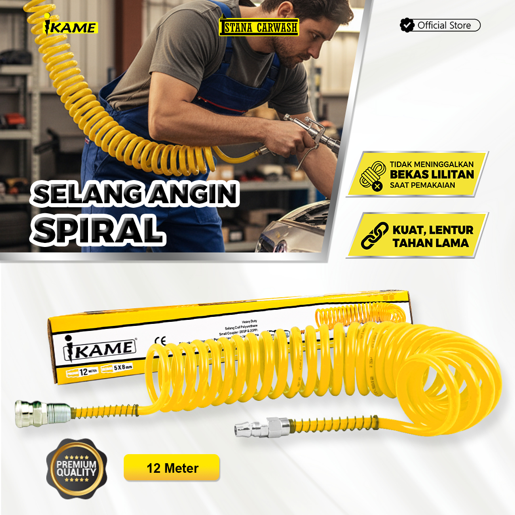 IKAME Selang Angin Spiral PU 12 Meter – Recoil Hose Premium Lentur & Tahan Tekanan | Selang Kompreso