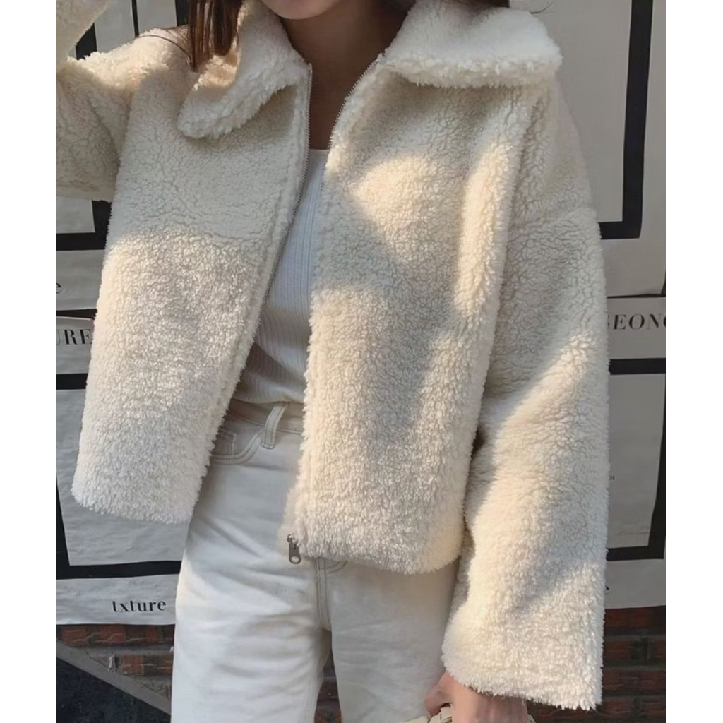 Sweater Jacket Zip Crope Sherpa Bulu Domba