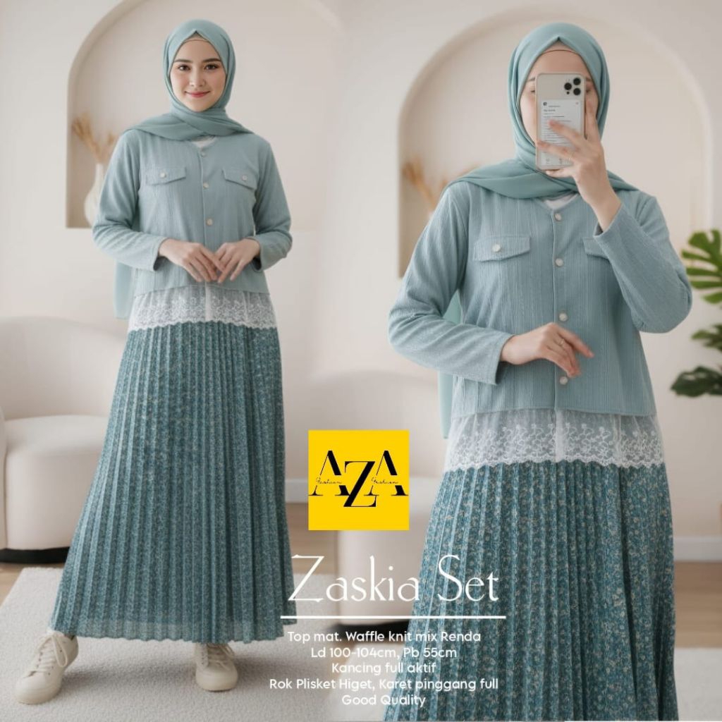 ZASKISA TOP SET BLOUSE DAN ROK ELEGAN/TOP BLOUSE WAFLE KNIT PREMIUM DAN ROK PLISKET ORI BY AZA