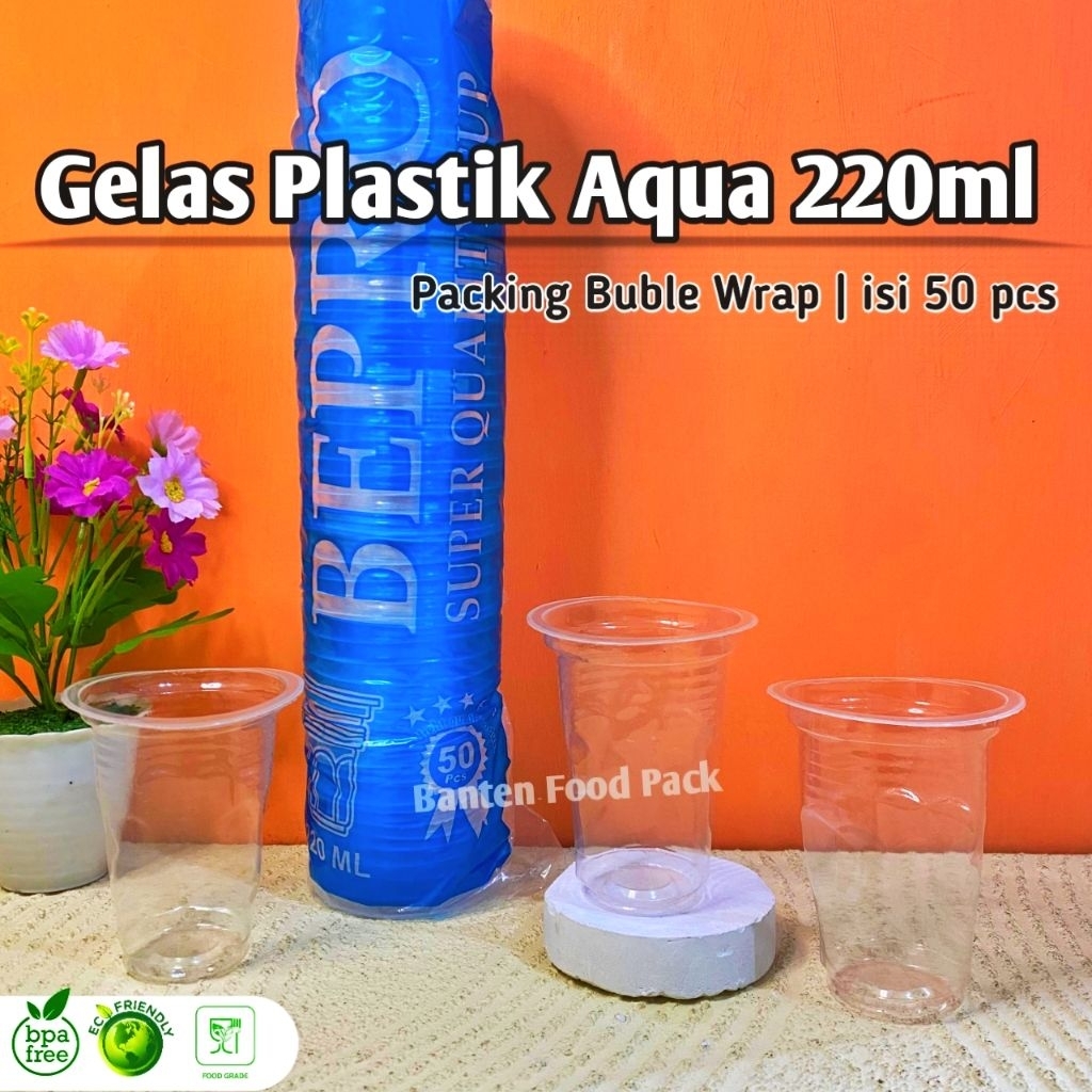 (50PCS) Gelas Plastik Aqua 220ML | Cup Coffe | Gelas Plastik Bening