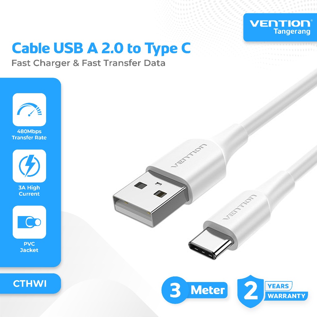 Vention Kabel Charger Data USB 2.0 to Type C Fast Charging 3A Support FCP Qualcomm QC AFC White Char