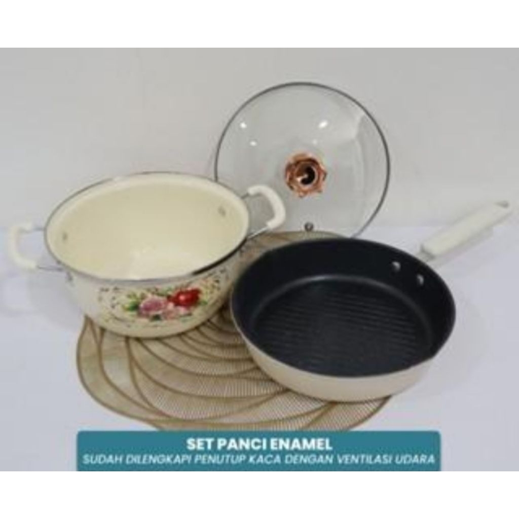 Panci Set Enamel Motif Bunga + Teflon Anti Lengket