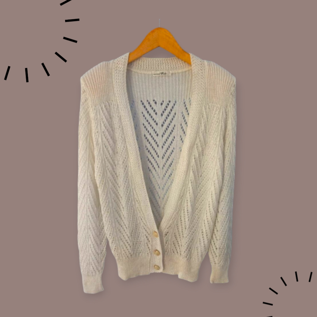 Cardigan Rajut Jaring-Jaring Putih Polos Lengan Panjang