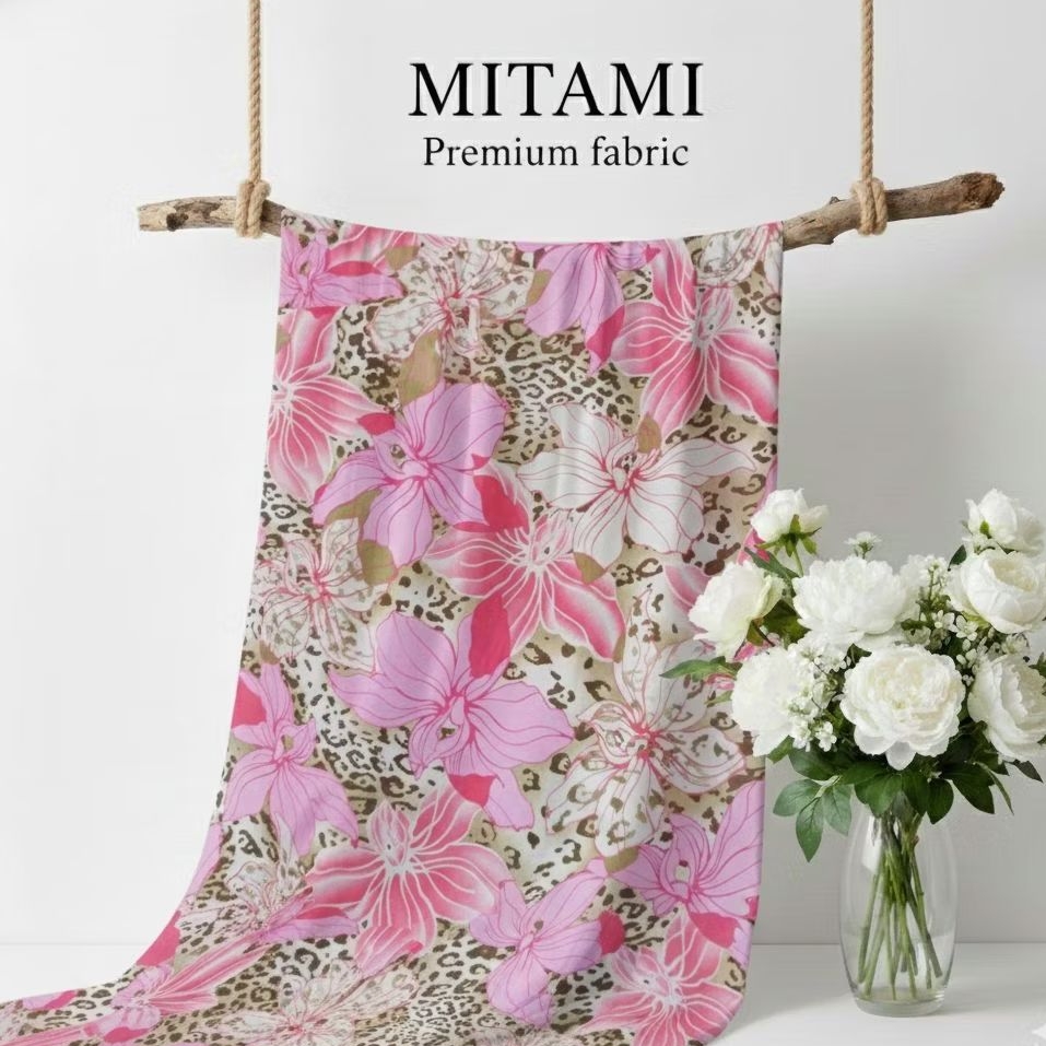 Kain Ceruty Premium Motif Bunga Pink Leopard - Bahan Dress Gamis Jilbab Printing (Harga Kain Per½ Me