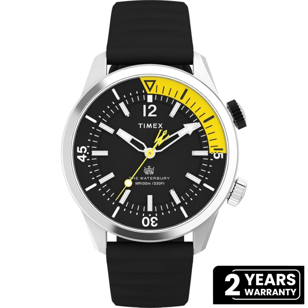 Jam Tangan Pria Timex The Waterbury Men Black Dial Black Rubber Strap TW2V73400V5 Original