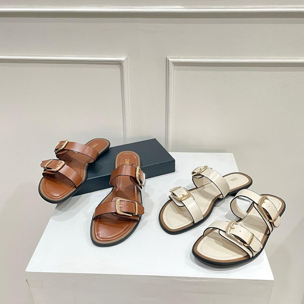 Strappy sandals by Zara 2 stripes with button sandal tali wanita kantor kerja casual dailyshoes