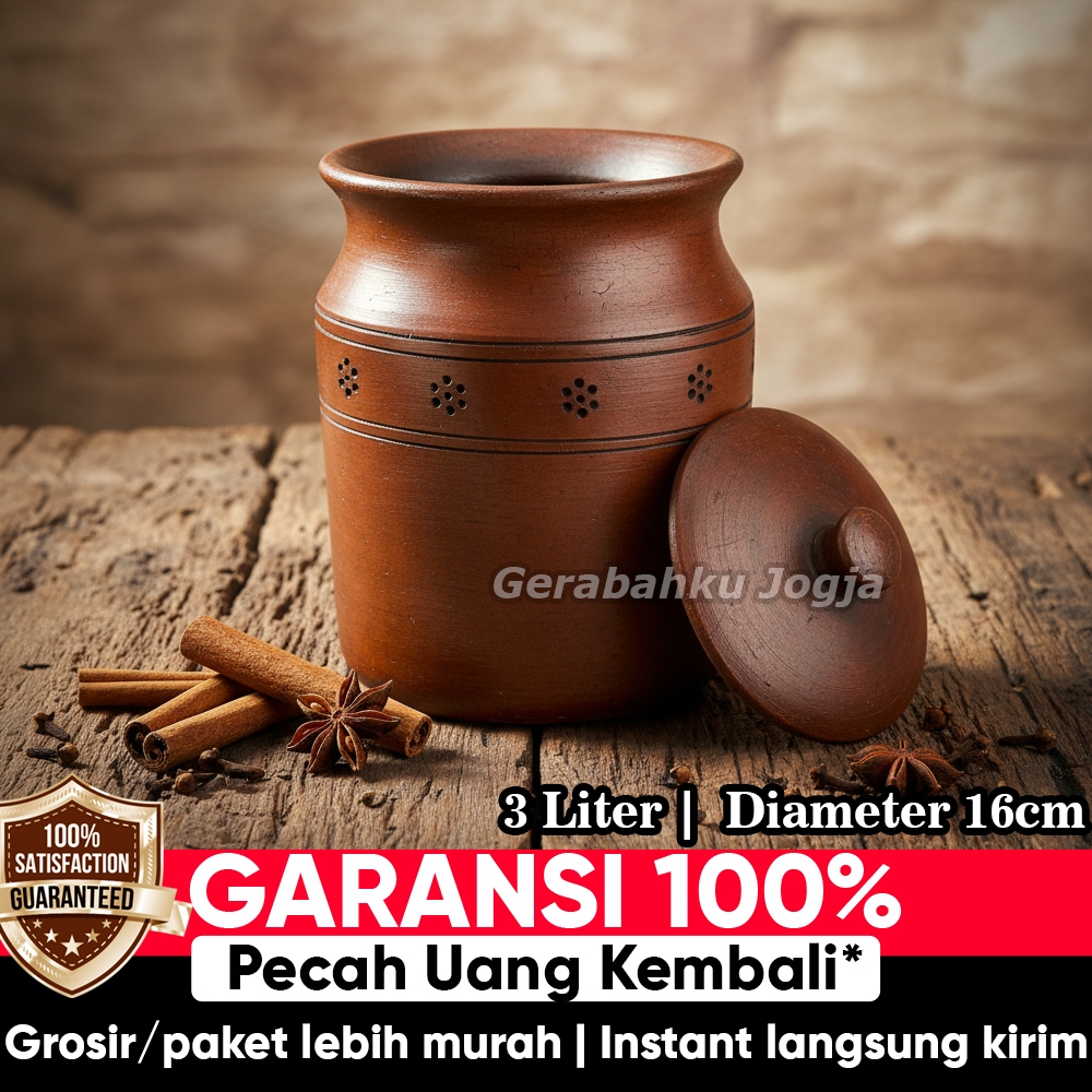 Gerabahku Jogja | Lodong / Toples Tanah Liat 3 Liter  Rodong Penyimpanan Rempah & Kopi - Wadah Santa
