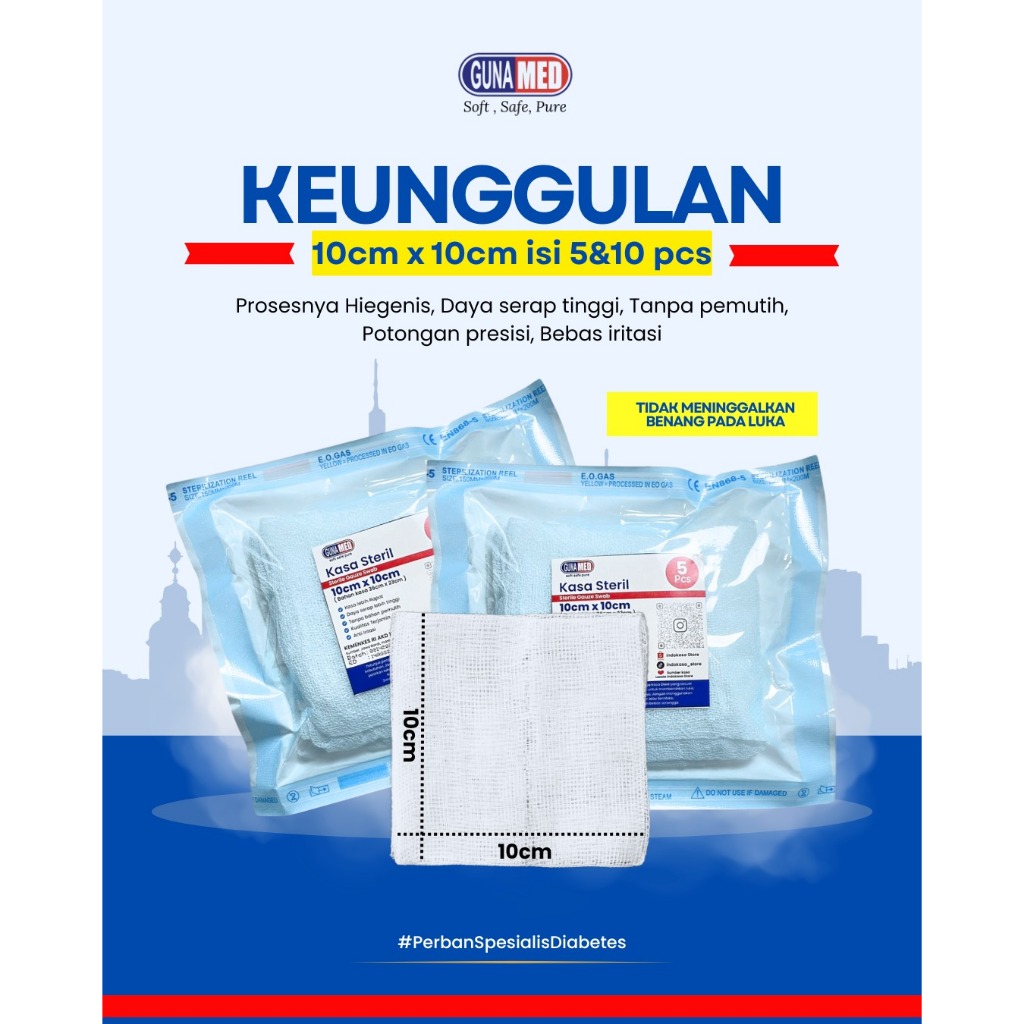 Kasa Steril GunaMed Ukuran 10x10cm Kasa Potong Perban Luka Pasca Operasi Diabetes Anti Lengket