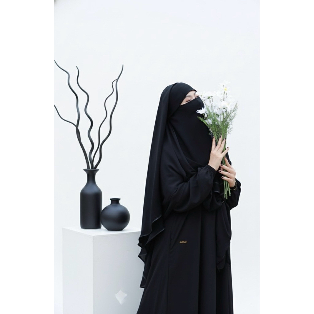 Salikah - Cadar Yaman Poni Long 2 Layer Bahan Sifon Silk Jetblack