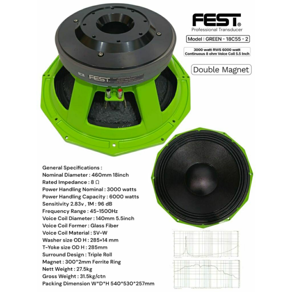 SPEAKER KOMPONEN FEST GREEN 18C55-2 18inch vc 5.5in DOUBLE MAGNET