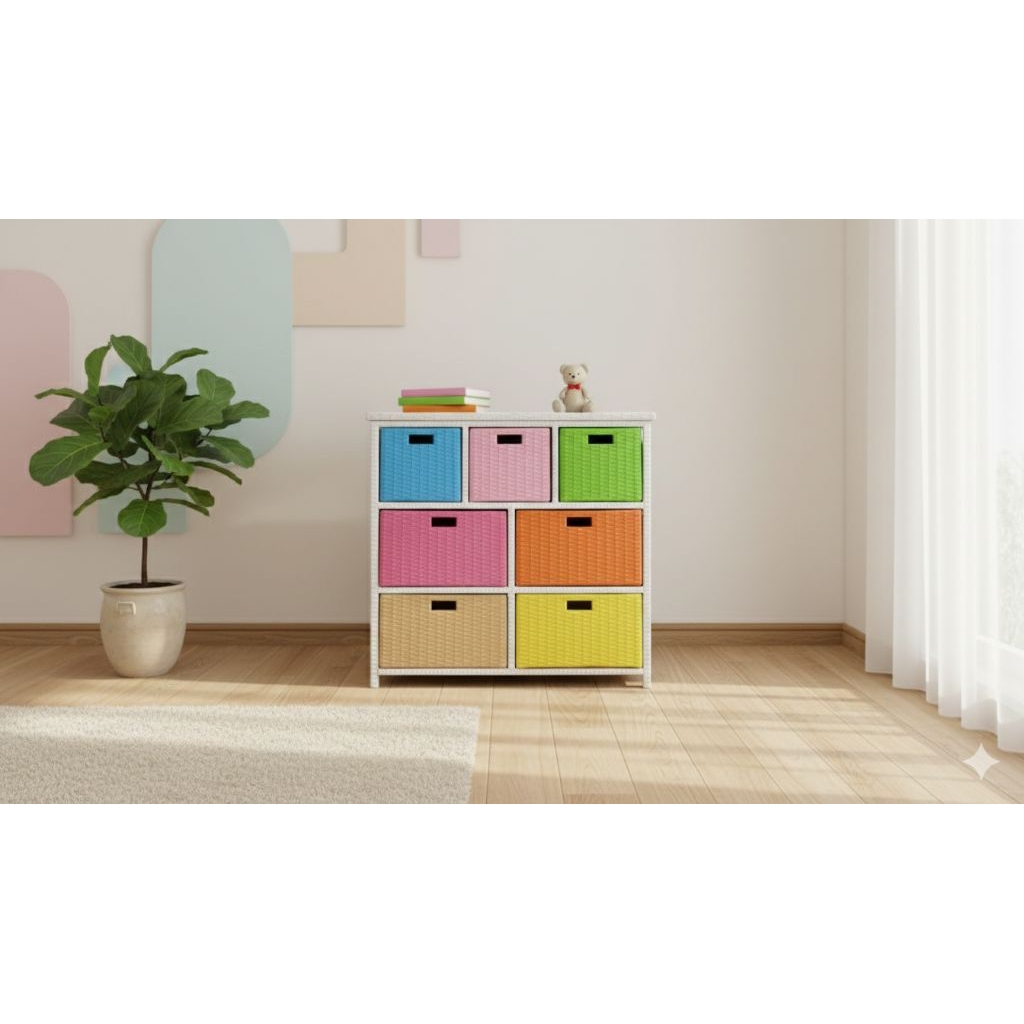 Kabinet Laci Anyaman Rotan Sintetis 8 kotak Warna - warni