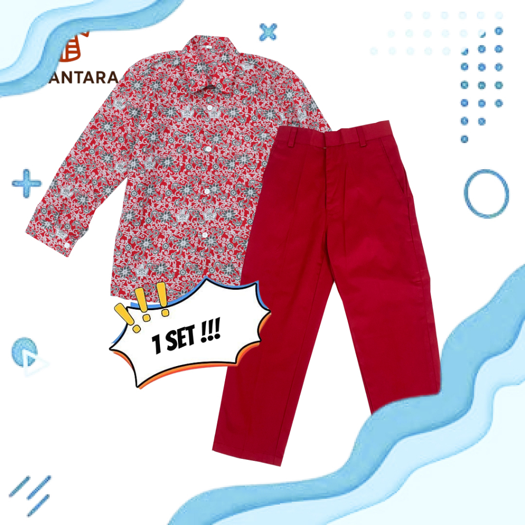 Seragam Batik Sekolah Dasar (SD) Motif Bunga Rampe Satu Set Celana Merah / Seragam Batik Sekolah SD