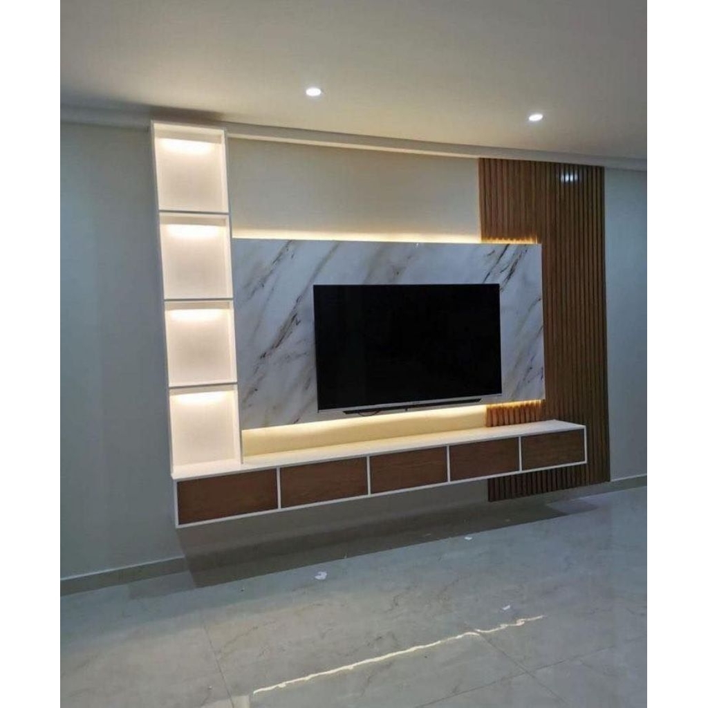 backdroop tv meja gantung tv / kabinet tv dan ambalan