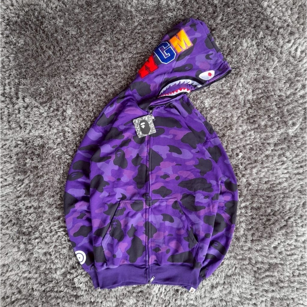 Jaket Sweater Hoodie Bape Camo ungu tua Pria Terlaris