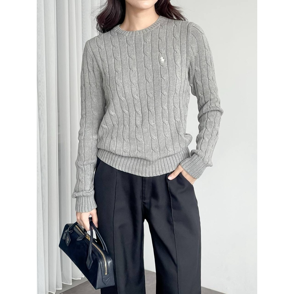PRL Cable Knit Cotton Crewneck Sweater Grey
