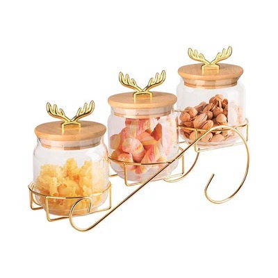 GIA Stoples Kaca Mewah Dengan Rak Gold 3 Susun Toples Gula Permen Cemilan Lebaran 400ml WEO IF3380