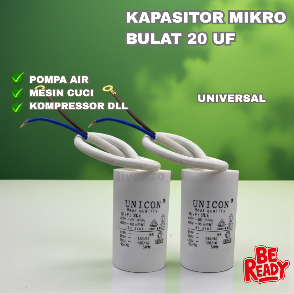 KAPASITOR MIKRO BULAT 20 UF 450V STARTING MESIN CUCI POMPA AIR KOMPRESOR UNIVERSAL (UNICON)