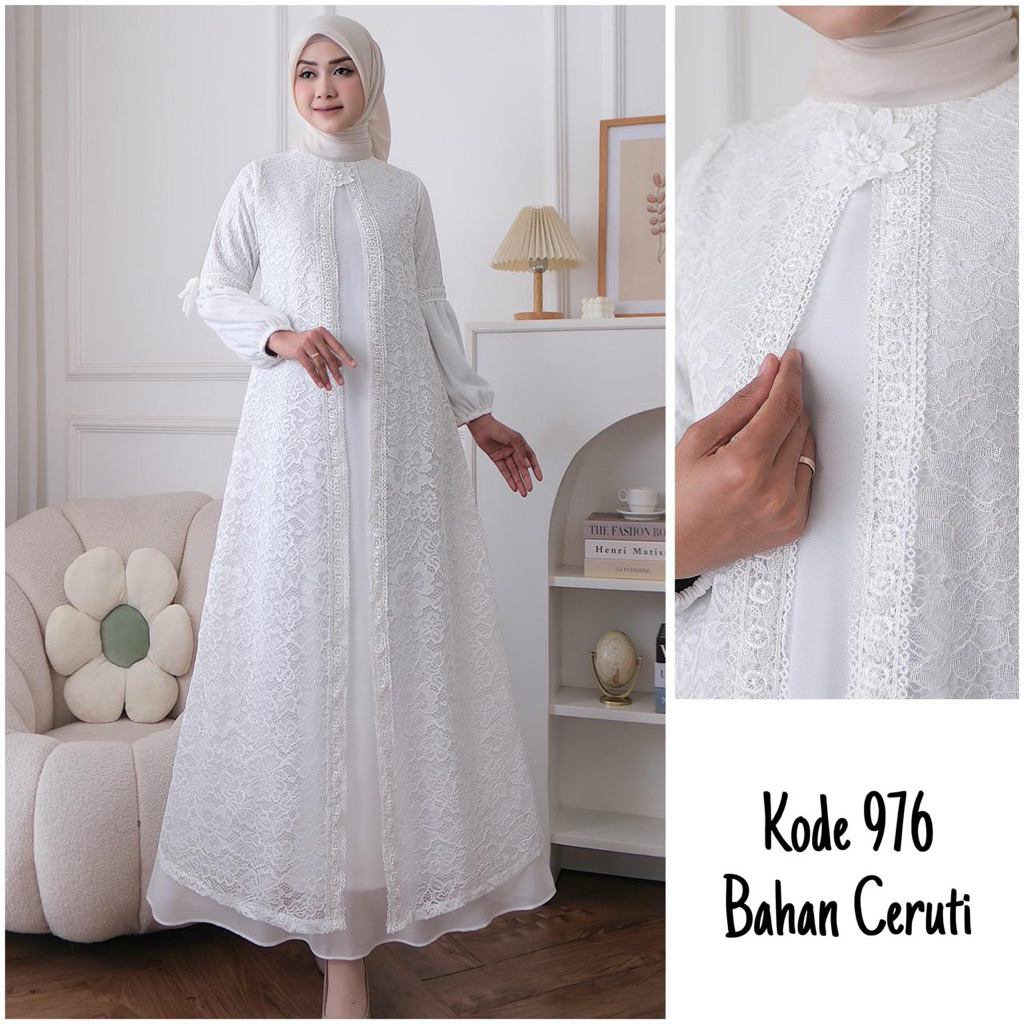 Gamis Putih Karla Brokat(976) Baju Muslim Lebaran Umroh mewah simple