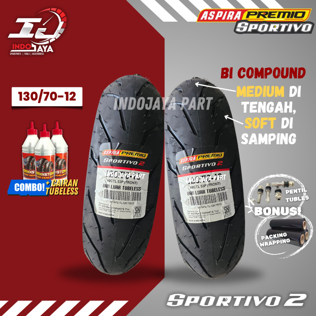 [READY COD] BAN LUAR SOFT COMPOUND TUBELESS SPORTIVO 2 RING 12 ( 130/70-12 ) BAN MOTOR ASPIRA PREMIO