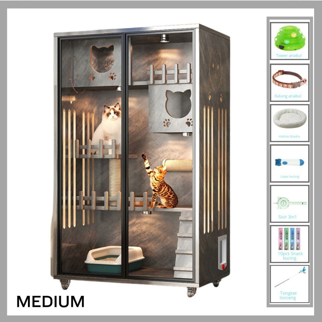 Kandang Kucing Kayu Solid | Catquarium Villa Rumah Kucing Medium E+ Bongkar Pasang Pintu Kaca Temper