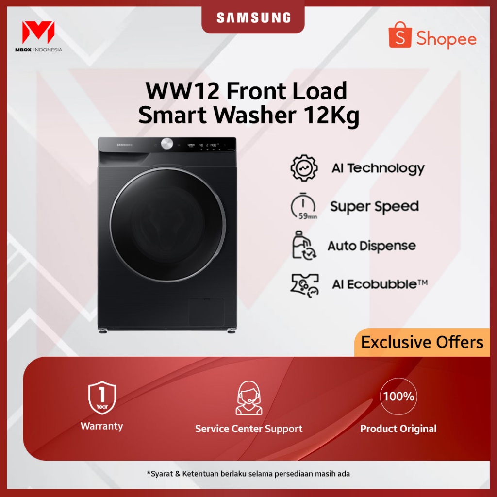 Samsung Mesin Cuci 12kg Front Load Washer with AI Ecobubble , AI Wash - WW12CGP44DSBSE
