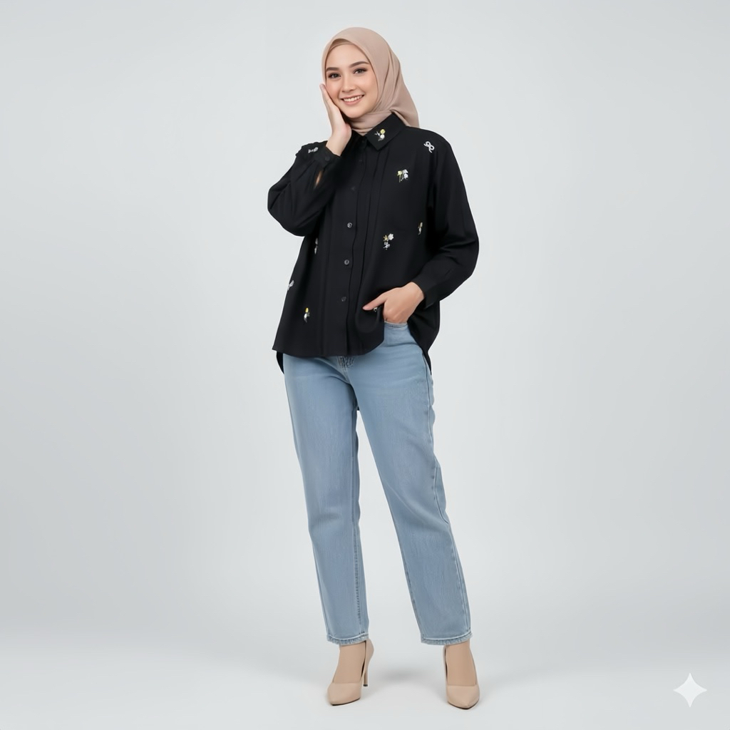 Atasan Livia Rayon Twill Bordir Motif Bunga - Kemeja Cewek Rayon Twill Bordir Elegan