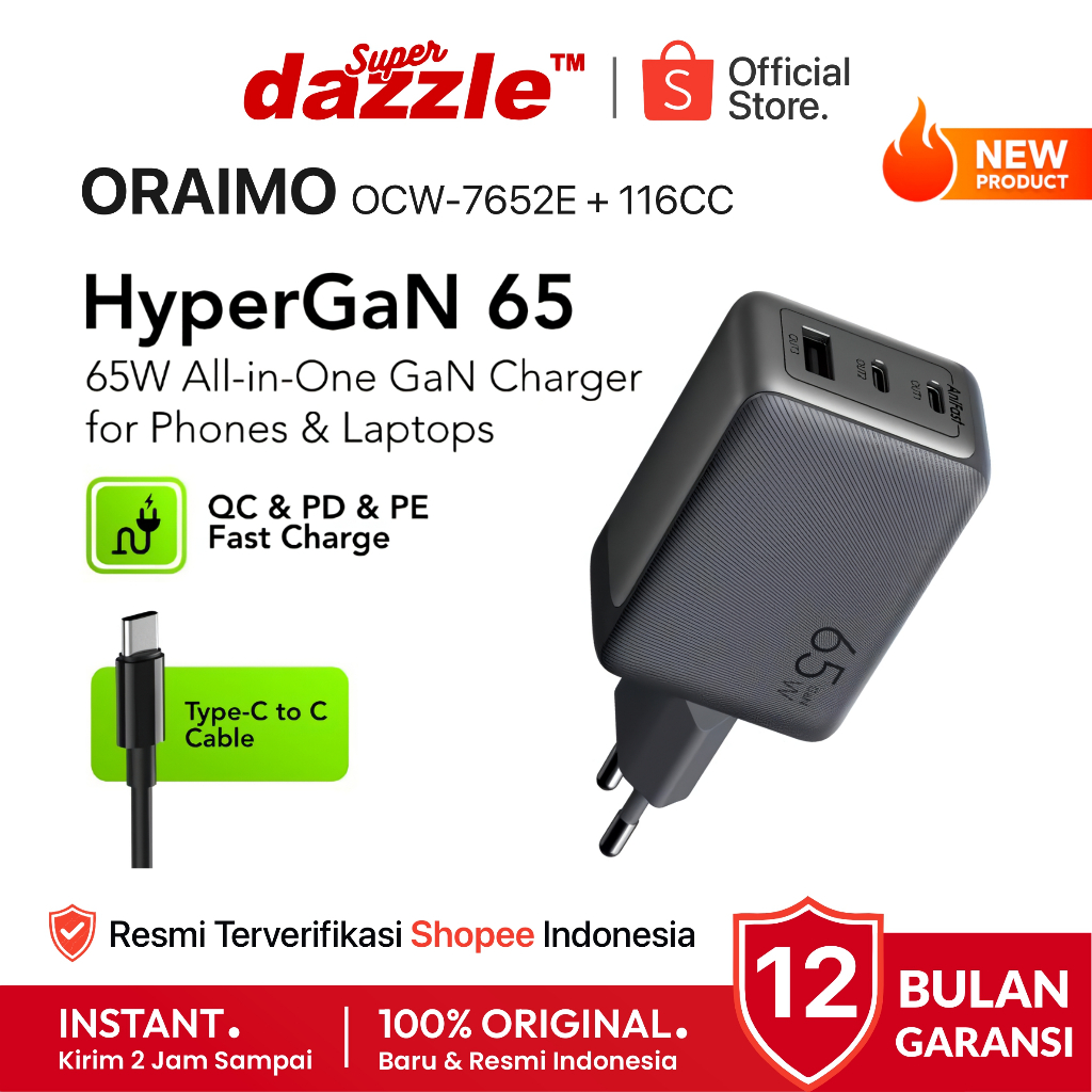 ORAIMO OCW-7652E 116CC 1SET GaN 65W Charger 3 Port PD QC Fast Charging + Kabel Type C to C 1M