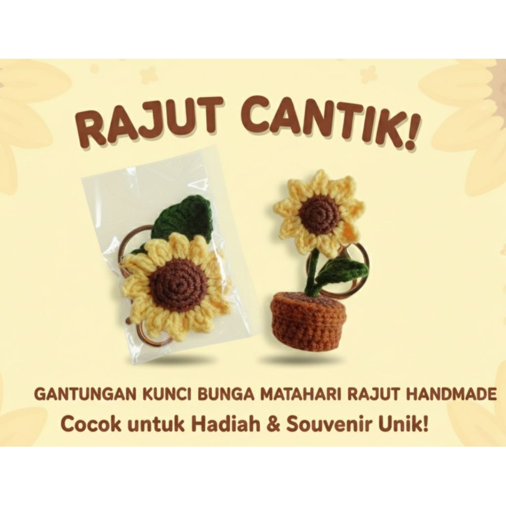 Gantungan kunci rajut bunga matahari dengan pot/tanpa pot