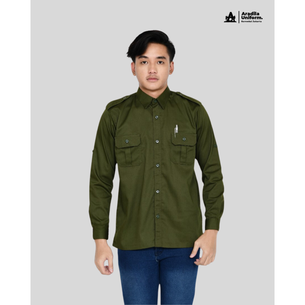 ARADILAUNIFORM Seragam PDL Hijau Tua Army Pria Lengan Panjang/Baju Dinas ASN PDL/Kemeja Kantor PDL/P