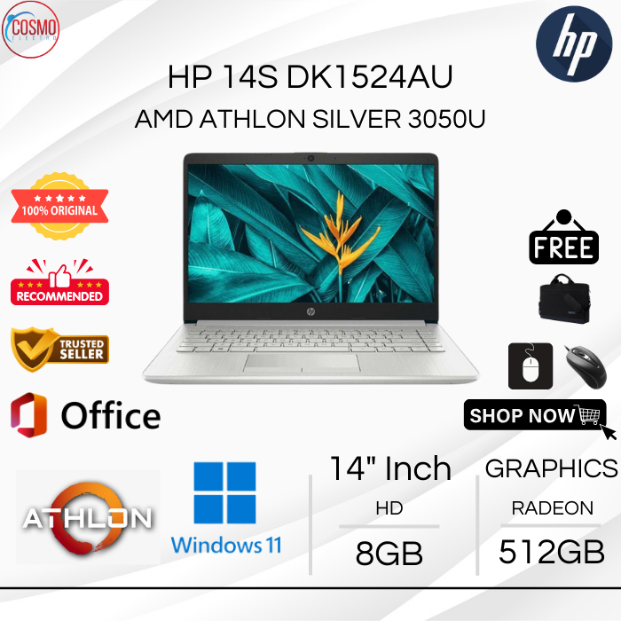 HP 14s DK1524AU AMD ATHLON SILVER 3050U | 8GB RAM 512GB SSD | 14 INCH WINDOWS 11 + OFFICE | BONUS TA