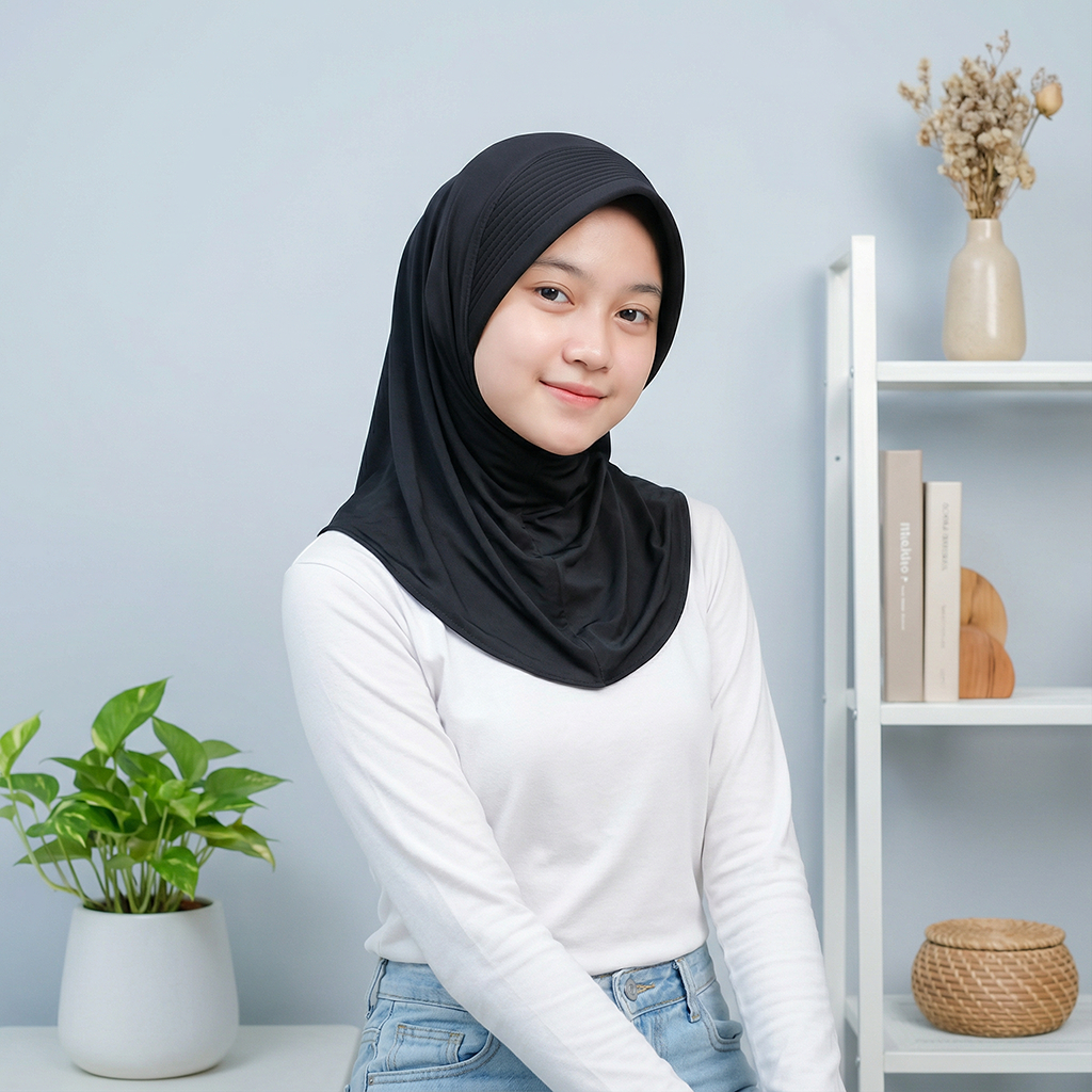 Himyne Bergo Sport Veya - Hijab Olahraga Instan Nyaman Hitam Spandex Premium Hitam Ukuran S