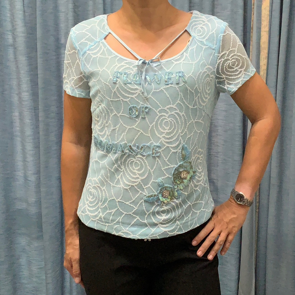 FLOWER OF ROMANCE-Blouse Atasan Wanita Soft Blue Bunga Payet
