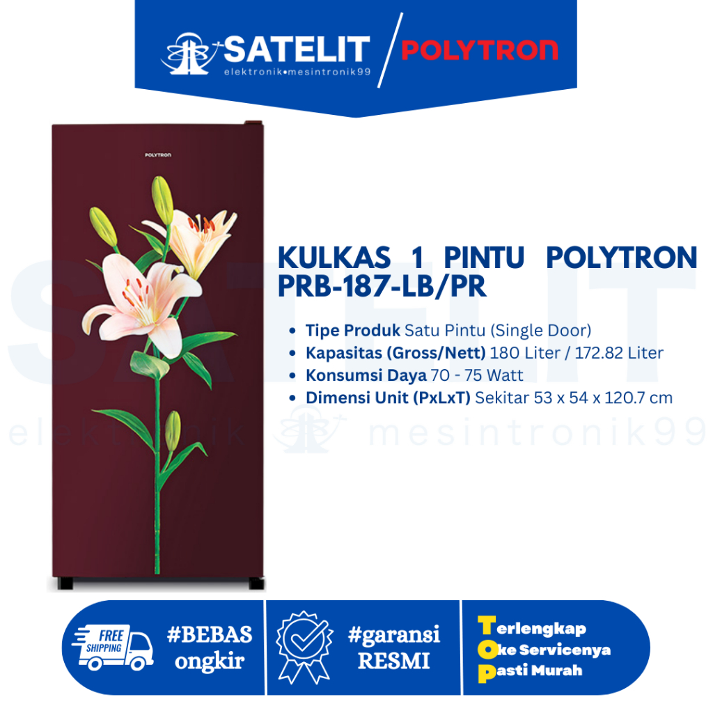Kulkas 1 Pintu Polytron PRB-187-LB/PR/TY – 187 Liter, Hemat Energi & Desain Modern
