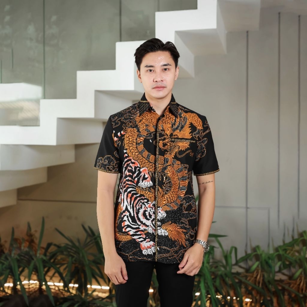 Batik Pria Hem Smock Bordir B485 Kemeja Baju Reguler Fit Bahan Katun Motif Harimau Naga Perabu.id