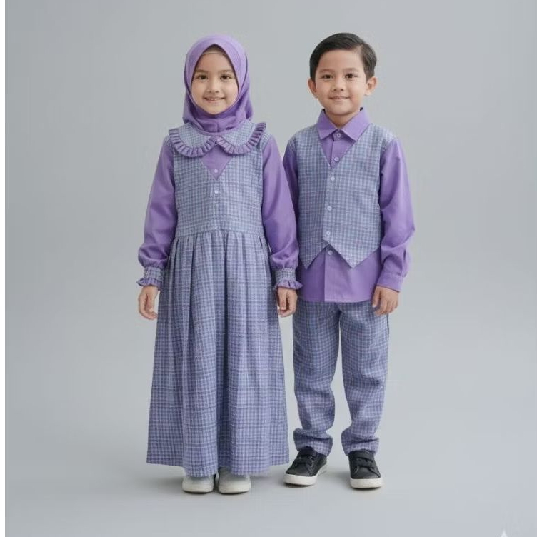 Seragam TK Paud Laki laki cowok cewek warna ungu motif kotak kotak