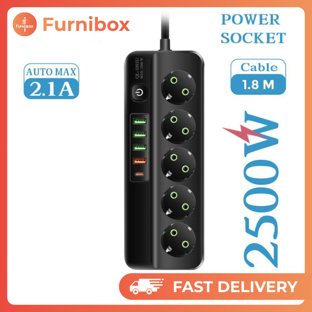 Colokan Terminal Listrik Stop Kontak USB Type C Dengan Switch On Off Port EU Plug 10A 2500 Watt