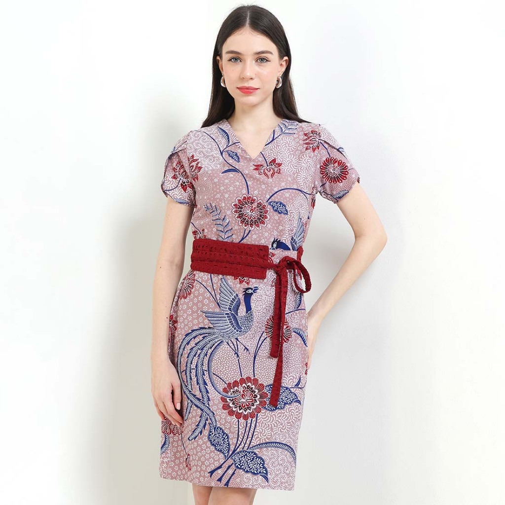 Rianty Batik Premium Wanita Dress Furing Soft Pink Obi Belt Asana Arsyana