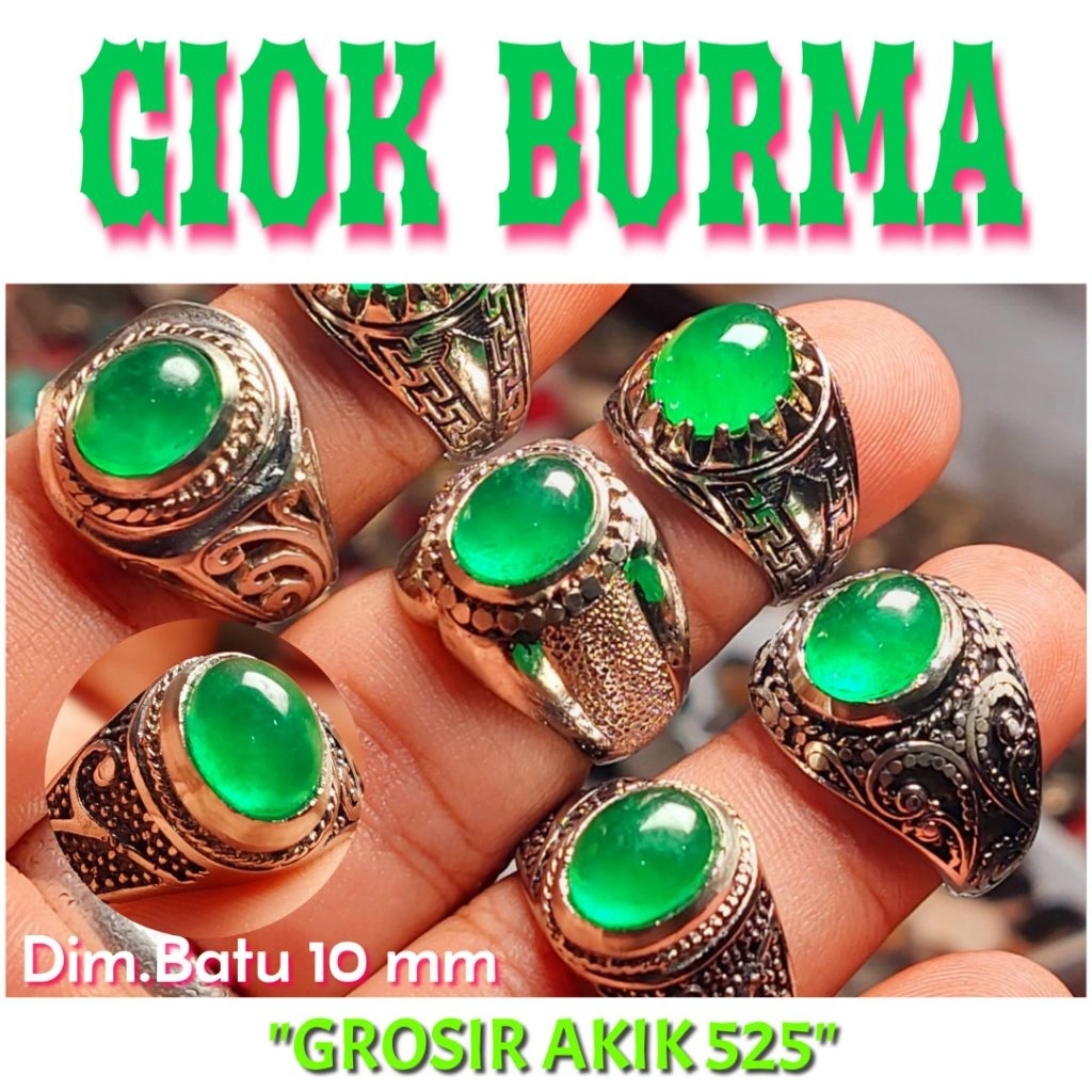 Cincin batu giok burma 10mm tipe C asli natural alam / jedait jade / green jade