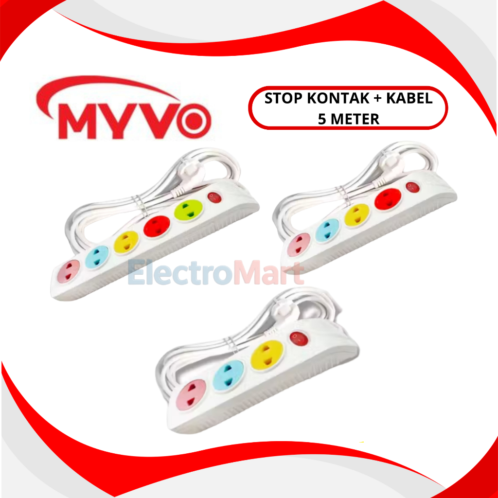 MYVO Stop Kontak 5 Lubang 5 Meter MSW-L25 Warna Asli Kuningan - MYVO Stop Kontak 4 Lubang 5 Meter MS