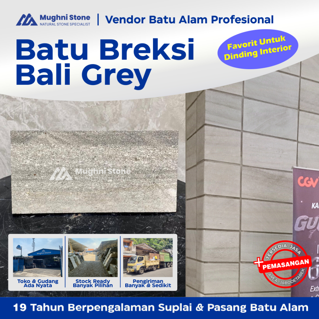 Batu Alam Bali Grey (Breksi) – Batu Alam Dinding Fasad Rumah – Ukuran 15x30 20x40 30x60